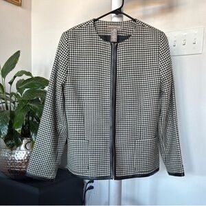 Valerie Stevens Wool Leather trim Crew Blazer Jacket Sz 10 Houndstooth Black